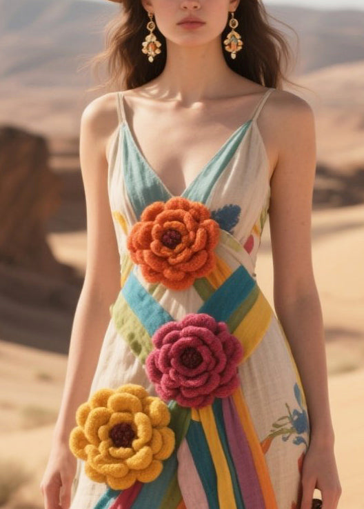 Art Khaki Decorated Cotton Spaghetti Strap Dress Summer