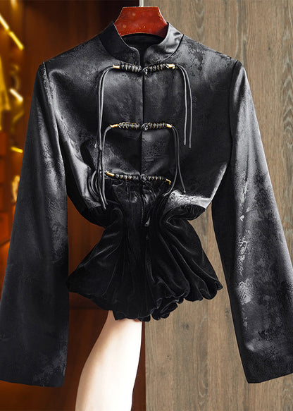 Black Tasseled Jacquard Patchwork Silk Velour Coat Fall