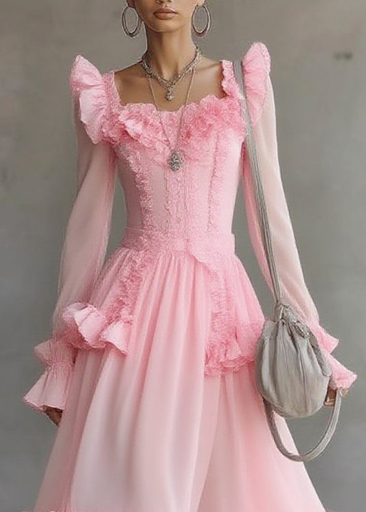 Pink Square Collar Ruffled Patchwork Tulle Maxi Dress Lantern Sleeve