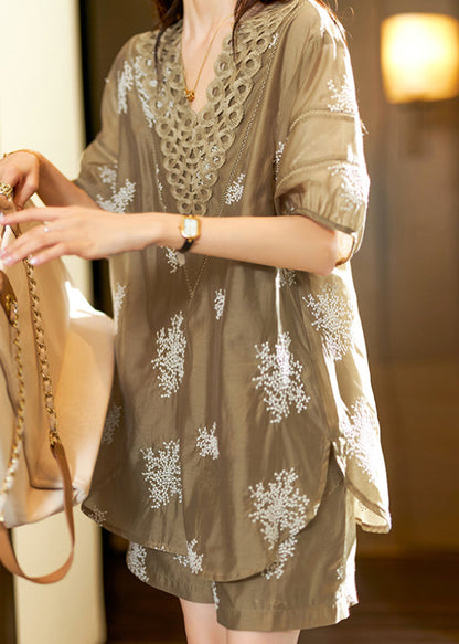 Organic Khaki V Neck Embroideried Patchwork Chiffon Sets Summer