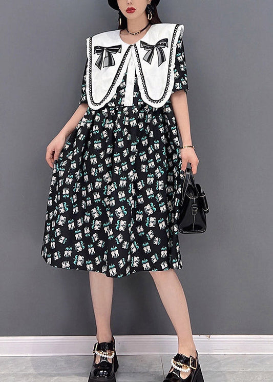 Black Peter Pan Collar Bow Print Chiffon a Line Dresses Short Sleeve