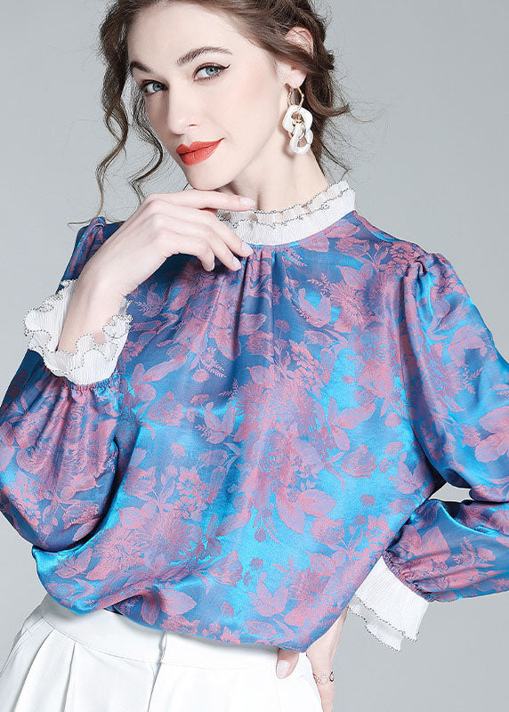Blue Wrinkled Patchwork Print Silk Top Spring