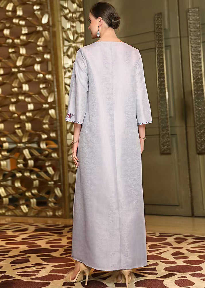 Jacquard Grey O-neck Embroideried Silk Maxi Dresses Fall