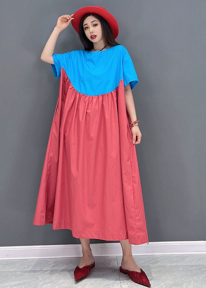 Simple Blue Red Oversized Patchwork Cotton a Line Dress Short Sleeve
