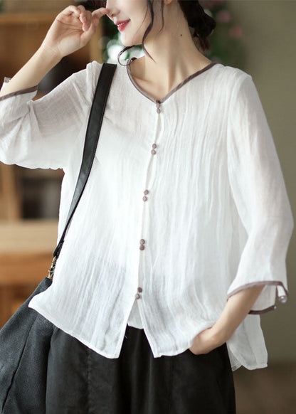 White O Neck Patchwork Linen Blouses Summer
