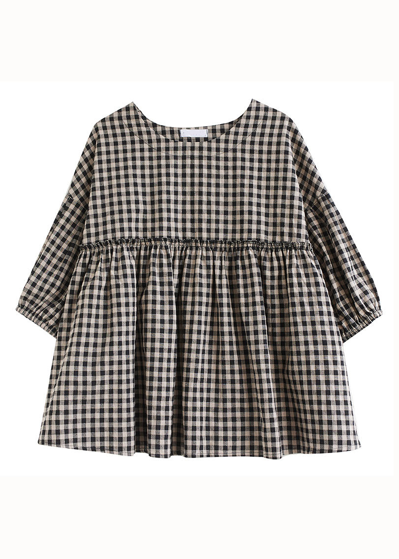 Plaid O Neck Wrinkled Patchwork Cotton Top Lantern Sleeve