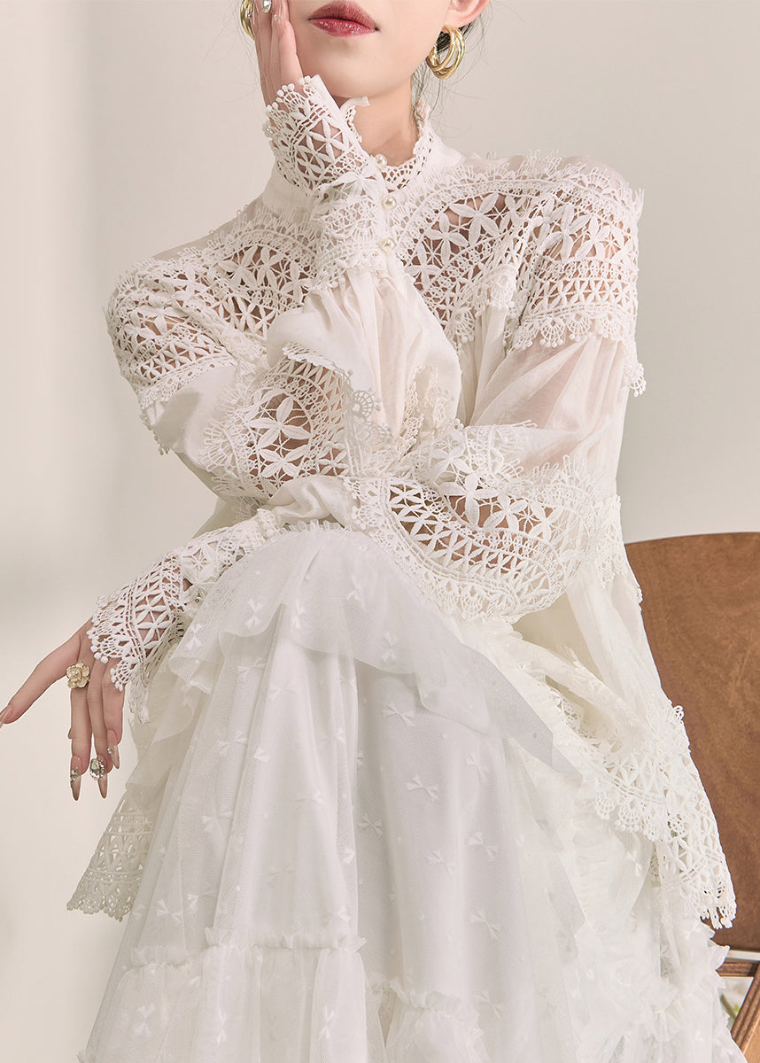 White Turtleneck Hollow Out Lace Top Fall