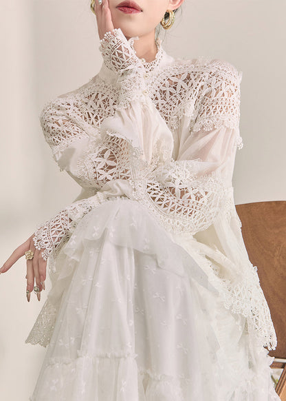 White Turtleneck Hollow Out Lace Top Fall