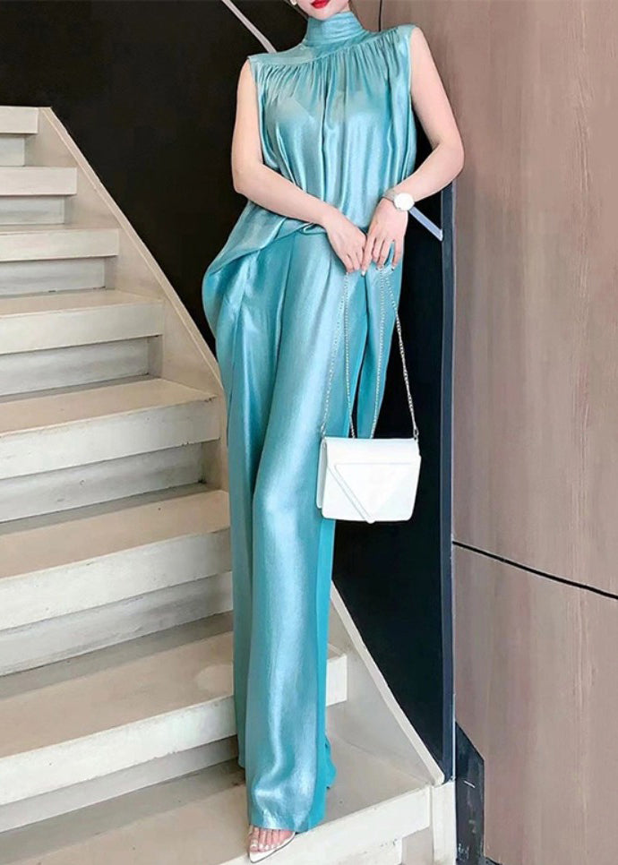 Organic Blue Hign Neck Tops and Pants Silk Two Pieces Set Sleeveless