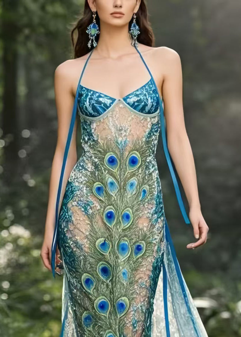 Peacock Blue Print Hollow Out Chiffon Holiday Sundress