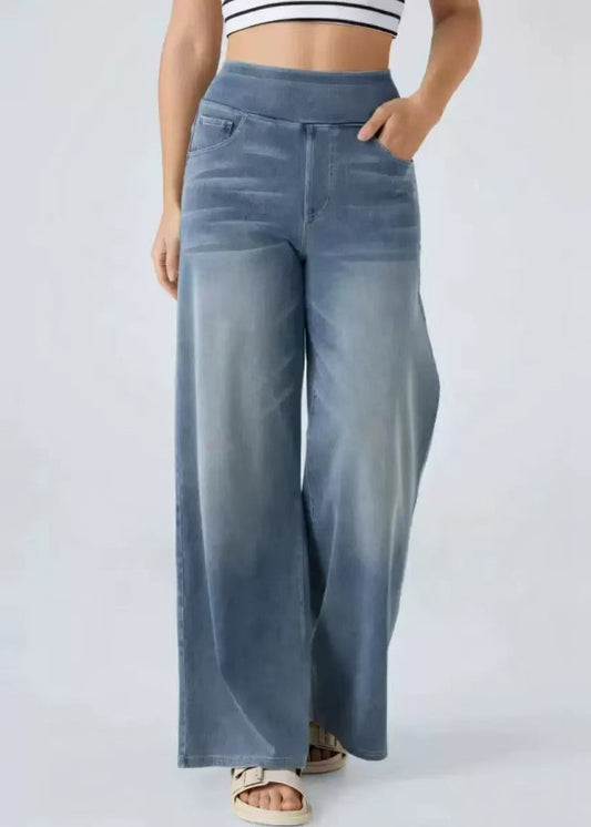 Light Blue Pockets Elastic Waist Denim Wide Leg Pants Summer