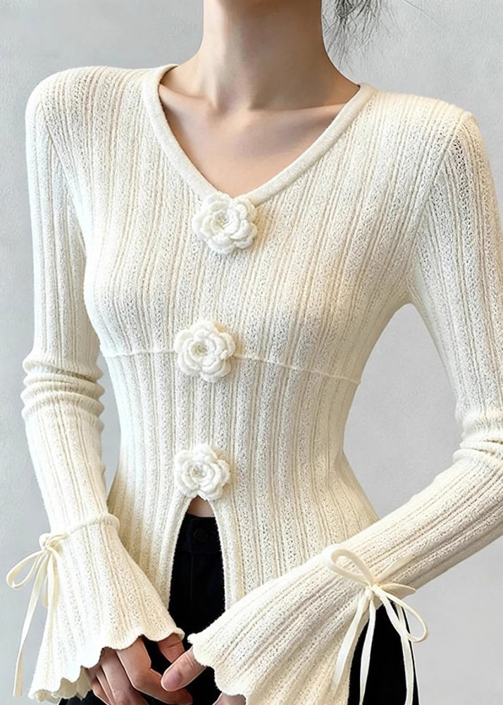 French White Patchwork Thin Knit Top Flare Sleeve