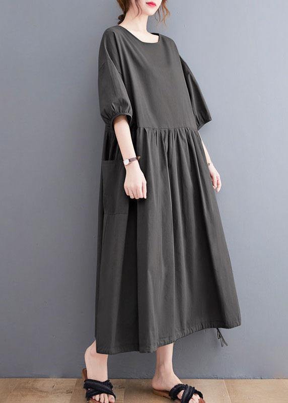 Handmade Army Green Cinched O Neck Vacation Dresses Puff Sleeve