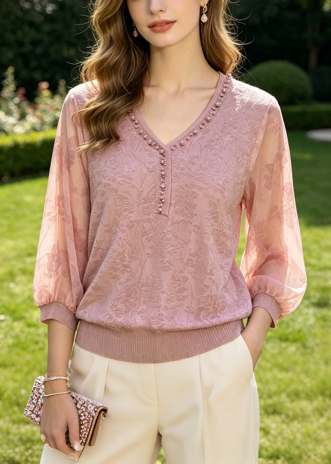 Natural Pink Jacquard Nail Bead Cotton Shirt Top Summer