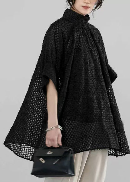 Handmade Black Stand Collar Tulle Sheer Shirt Half Sleeve