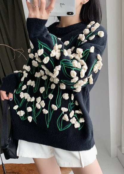 Black O Neck Cozy Cotton Knit Sweater Winter