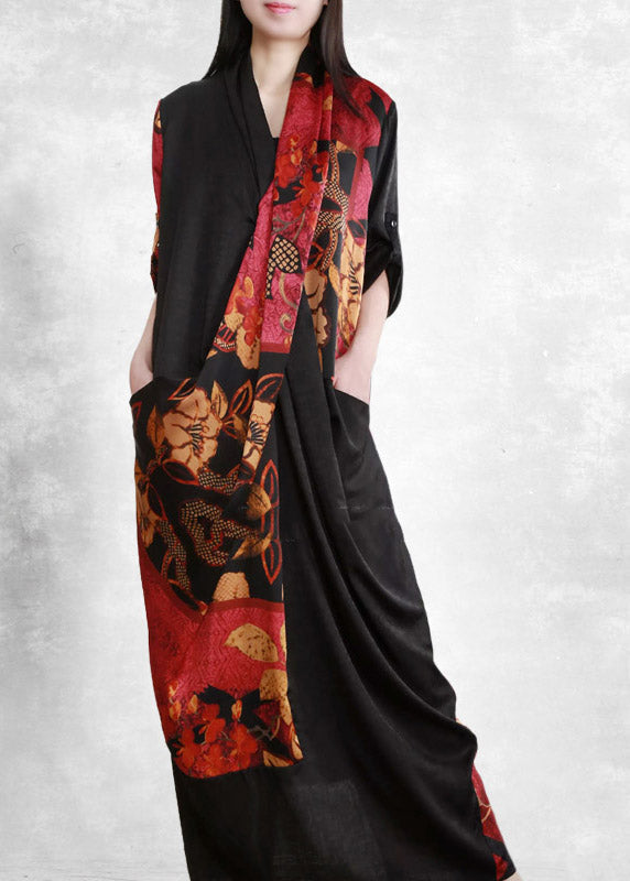 Black Red V Neck Asymmetrical Print Wrinkled Pockets Silk Dress Half Sleeve