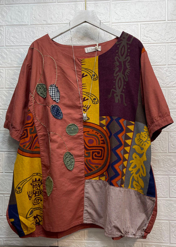 Brick Red O Neck Print Patchwork Cotton Tops Short Sleeve