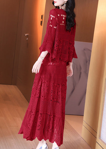 Loose Red Hollow Out Tops and Skirts Knit Two Pieces Set Flare Sleeve