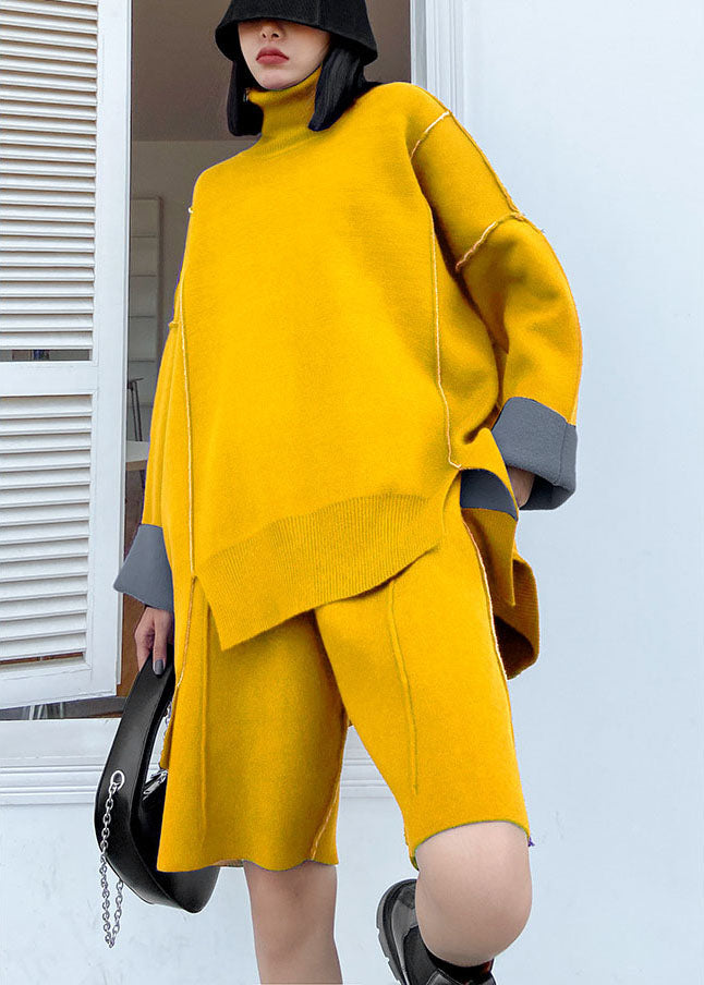 Yellow Turtleneck Knit Fall Two Piece Set