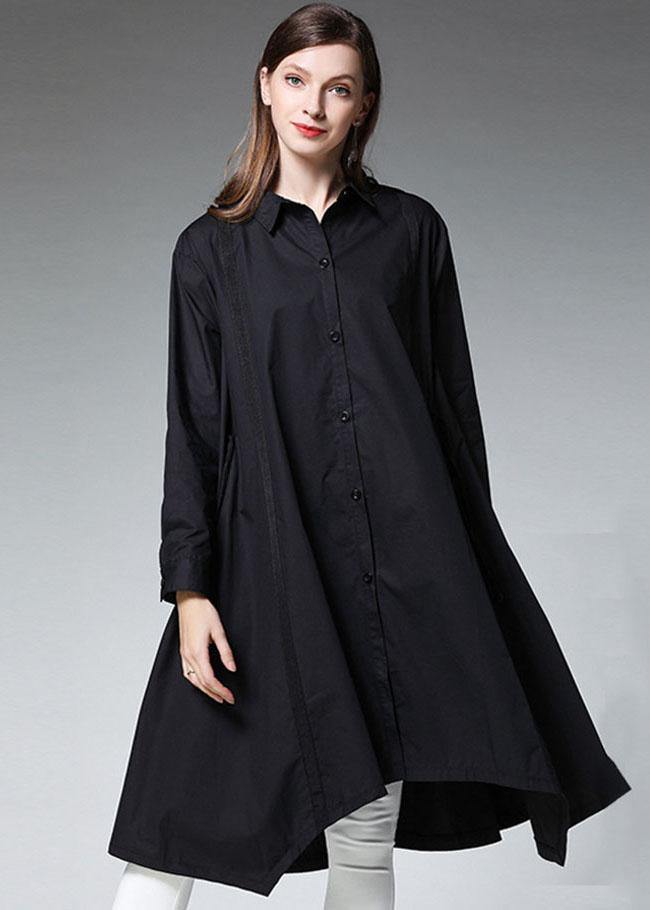 Black Pockets Asymmetrical Design Fall Cotton Long Shirts Long Sleeve