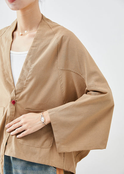 Khaki Oversized Pockets Linen Jackets Batwing Sleeve