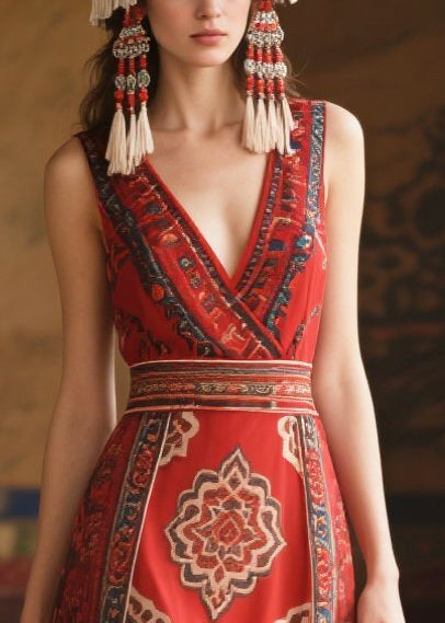 Red V Neck Print Chiffon Tunic Dress Sleeveless