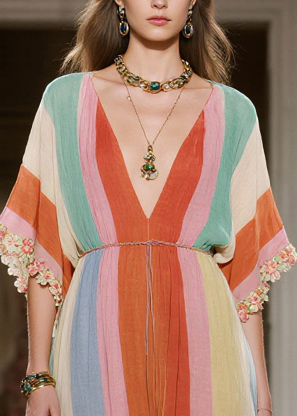 Rainbow V Neck Striped Cotton Maxi Dresses Summer