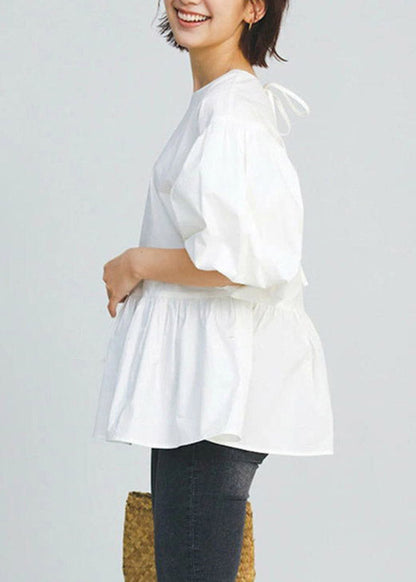 White O-neck Patchwork Cotton Shirt Puff Sleeve