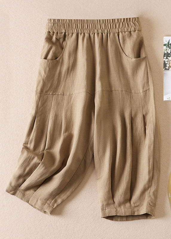 Beige Pockets Wrinkled Elastic Waist Cotton Shorts Summer
