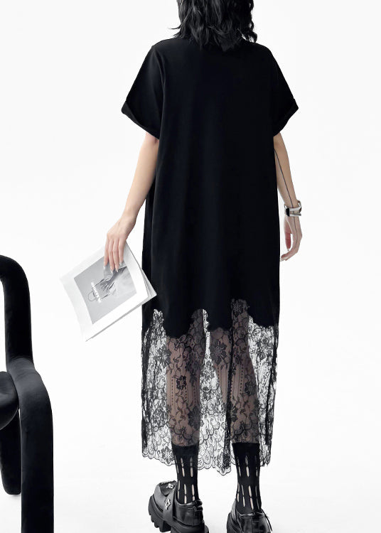 Black Peter Pan Collar Lace Patchwork Cotton Dresses Summer