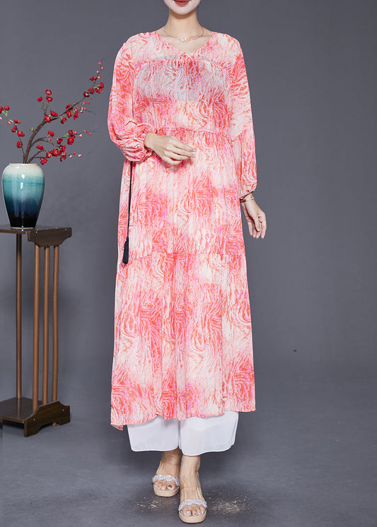 Pink Cinched Print Chiffon Vacation Dresses Fall