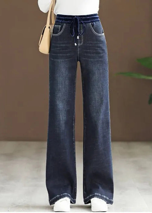New Blue Pockets Elastic Waist Patchwork Denim Pants Spring