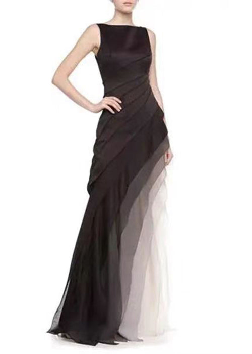 French Black High Waist Patchwork Tulle Maxi Dresses Sleeveless Summer