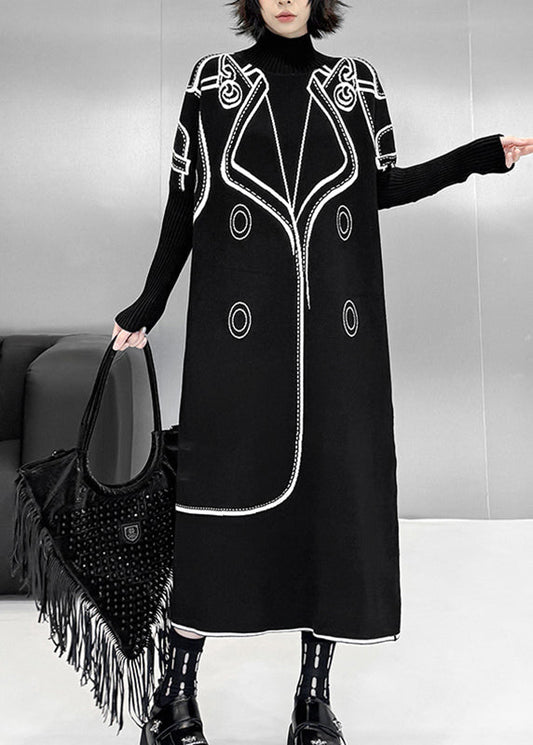 Classy Black Turtleneck Print Wear on Both Sides Cotton Knit Long Sweater Dress Fall