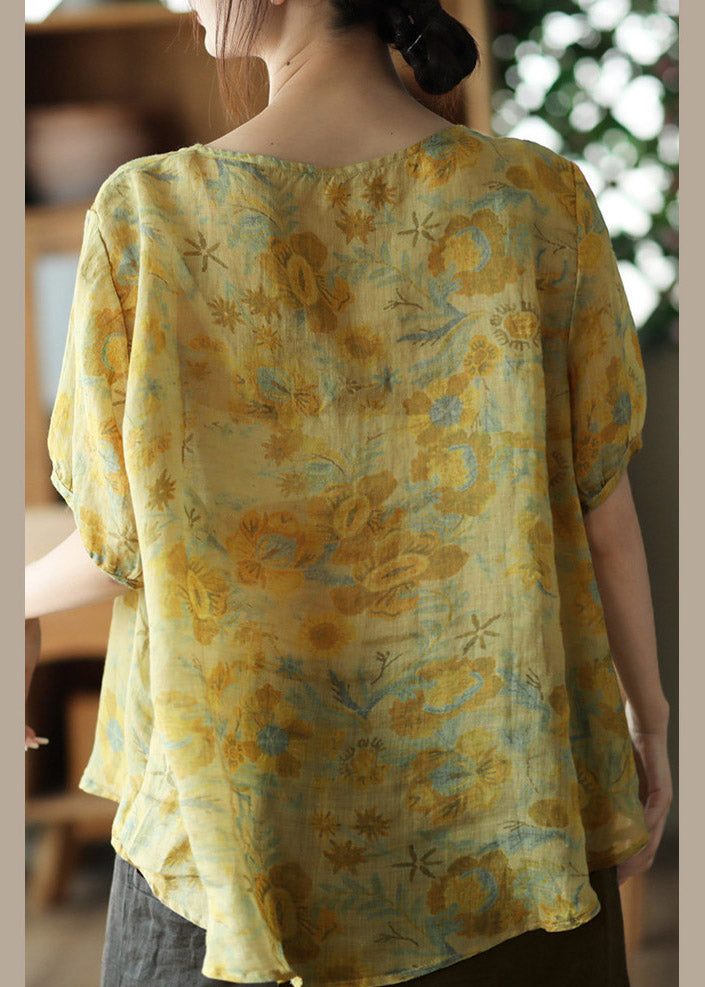 Yellow O-neck Button Linen Short Sleeve