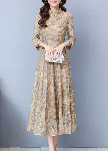 Khaki Print Exra Large Hem Lace Oriental Dresses Fall