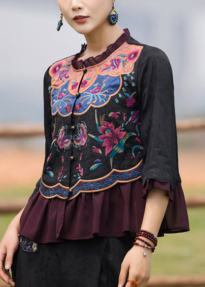 Black O-neck Embroideried Ruffled Chiffon Tops Long Sleeve