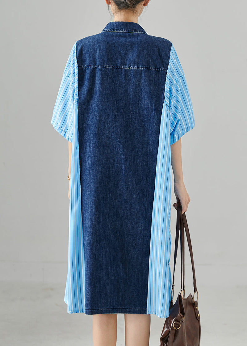 Blue Oversized Patchwork Striped Denim Dresses Summer