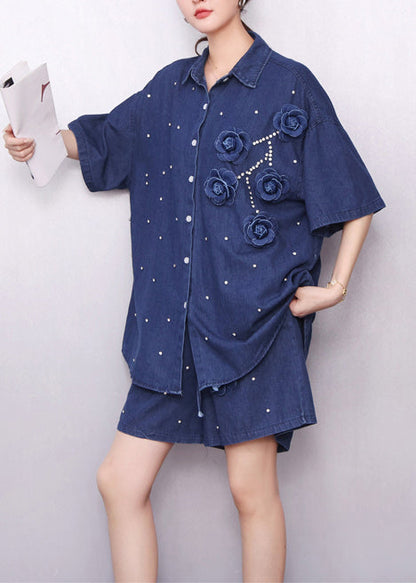 Handsome Navy Embroidered Nail Bead Two Piece Set Summer