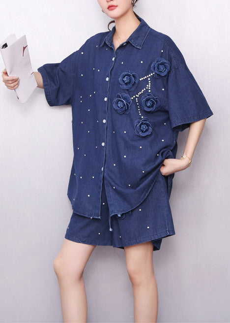 Handsome Navy Embroidered Nail Bead Two Piece Set Summer