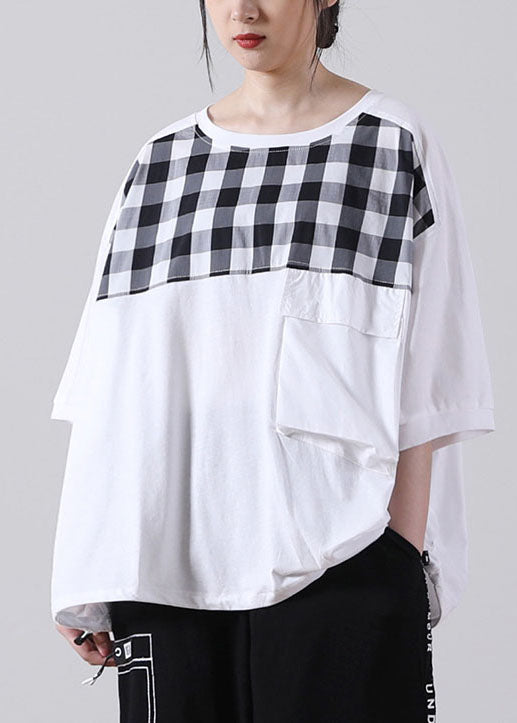 White Patchwork Cotton Shirt Top O-neck Asymmetrical Short Sleeve