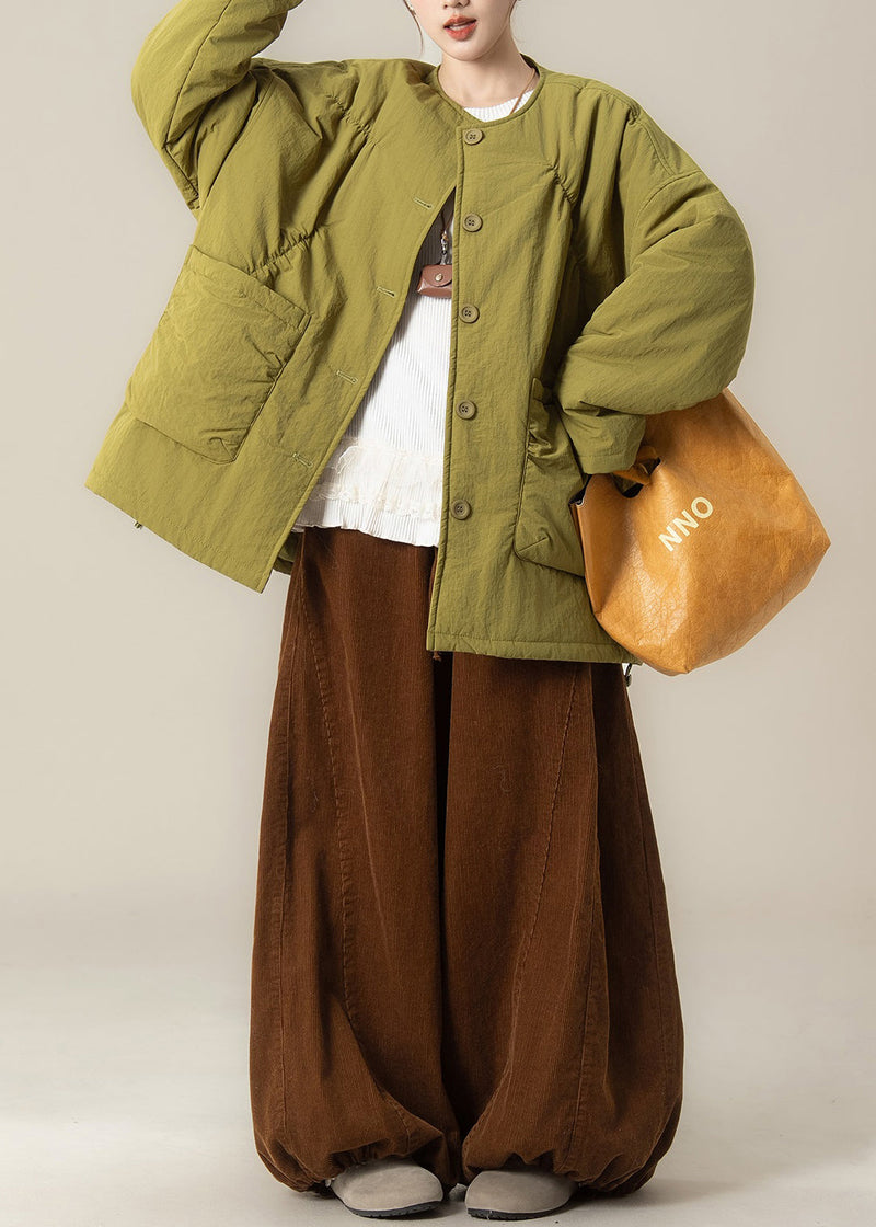 Green Button Cotton Filled Coat and Coffee Drawstring Pants Winter Two Pieces Set O Neck