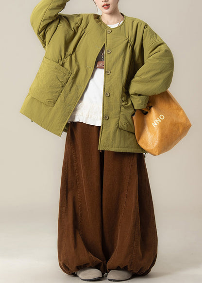 Green Button Cotton Filled Coat and Coffee Drawstring Pants Winter Two Pieces Set O Neck