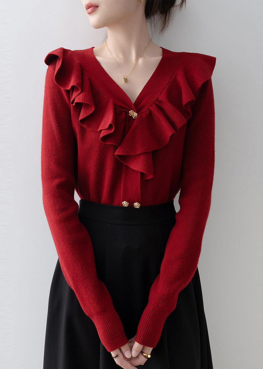 Style Red V Neck Ruffled Knit Shirts Spring