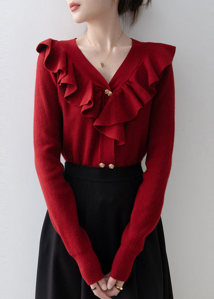 Style Red V Neck Ruffled Knit Shirts Spring