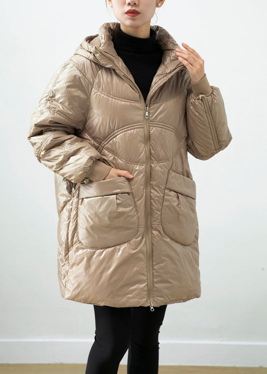 Khaki Hooded Pockets Fine Cotton Filled Winter Coats Winter