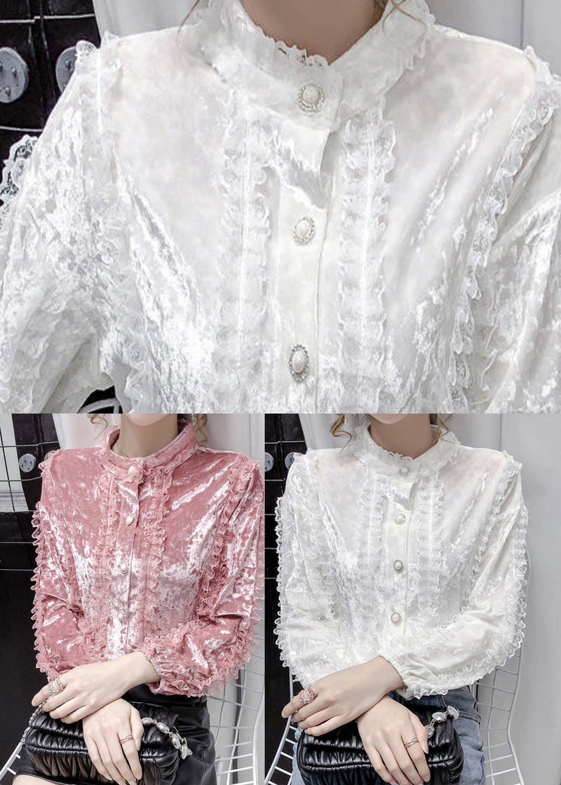 White Stand Collar Button Lace Patchwork Velour Shirt Tops Long Sleeve