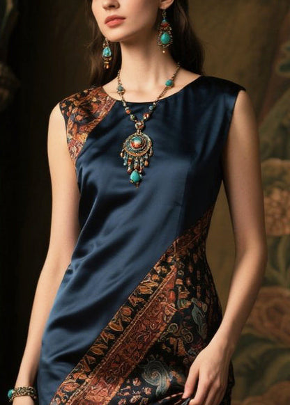Diy Navy Asymmetrical Patchwork Silk Fake Two Piece Dresses Sleeveless Summer