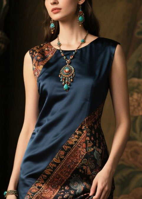 Diy Navy Asymmetrical Patchwork Silk Fake Two Piece Dresses Sleeveless Summer